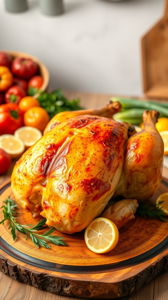 A whole crispy air fryer chicken on a wooden platter, garnished with herbs and lemon, in a cozy kitchen.